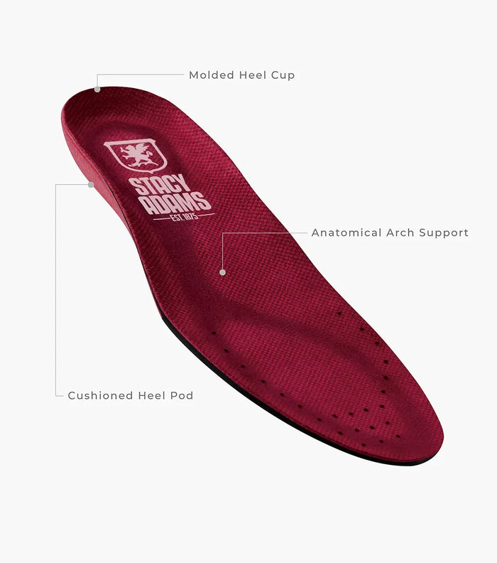 Stacy Adams Bailey Cap Toe insoles in red with anatomical arch support, cushioned heel pod, and molded heel cup, angled view.