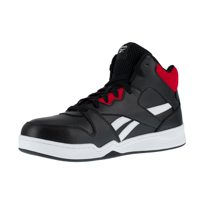 Reebok Work BB4500 High Top Work Sneaker in black with white accents and red mesh collar, side angle view.
