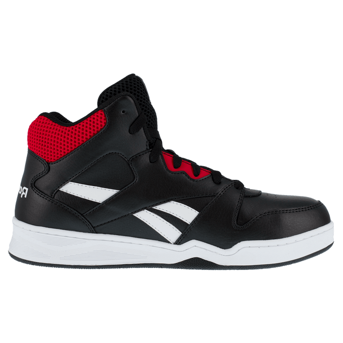 Reebok Work BB4500 High Top Work Sneaker in black with red accents, white sole, and side stripes, side view.