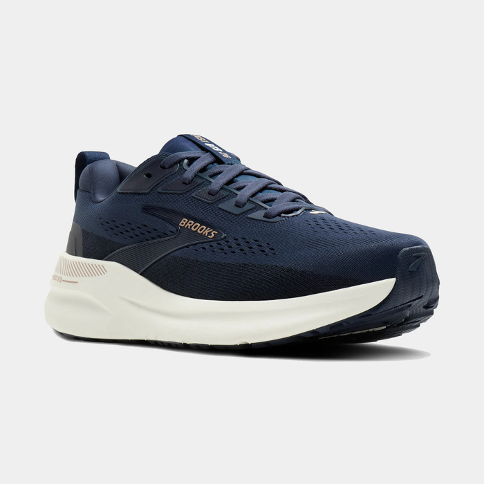 Brooks Beast GTS 26 running shoes in navy blue with mesh upper, GuideRails support system, and cushioned white midsole, angled front view.