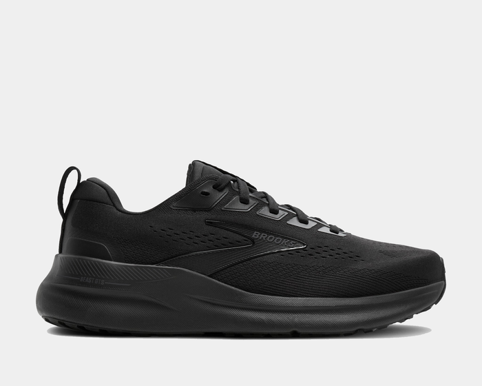 Brooks Beast GTS 26 running shoes, all-black with engineered mesh upper, cushioned midsole, and GuideRails support system, side view.