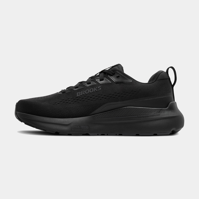 Brooks Beast GTS 26 running shoes in all black with engineered mesh upper, GuideRails support system, and cushioned midsole, side view.