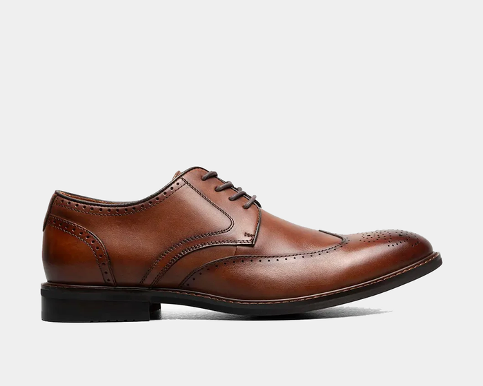 Stacy Adams Bennett Wingtip Oxford shoes in polished brown leather with brogue detailing and stacked heel, side view.