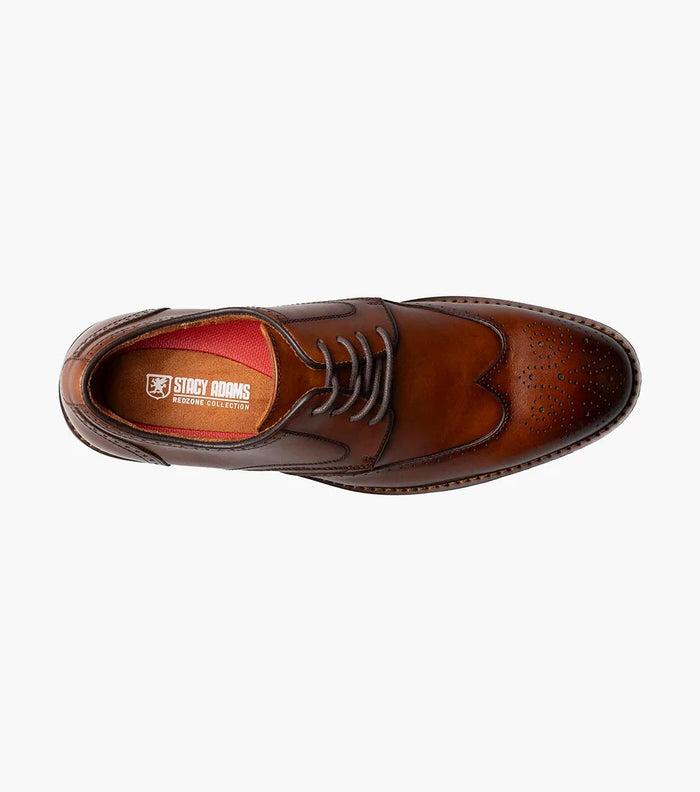 Stacy Adams Bennett Wingtip Oxford dress shoes in rich brown leather featuring brogue perforations and lace-up design, top view.
