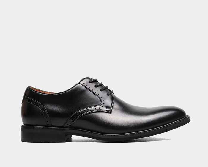 Stacy Adams Benson Plain Toe dress shoe in black leather with decorative stitching and lace-up closure, side view.