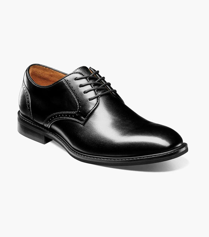 Stacy Adams Benson Plain Toe dress shoes in polished black leather with subtle stitch details and lace-up closure, side angle view.