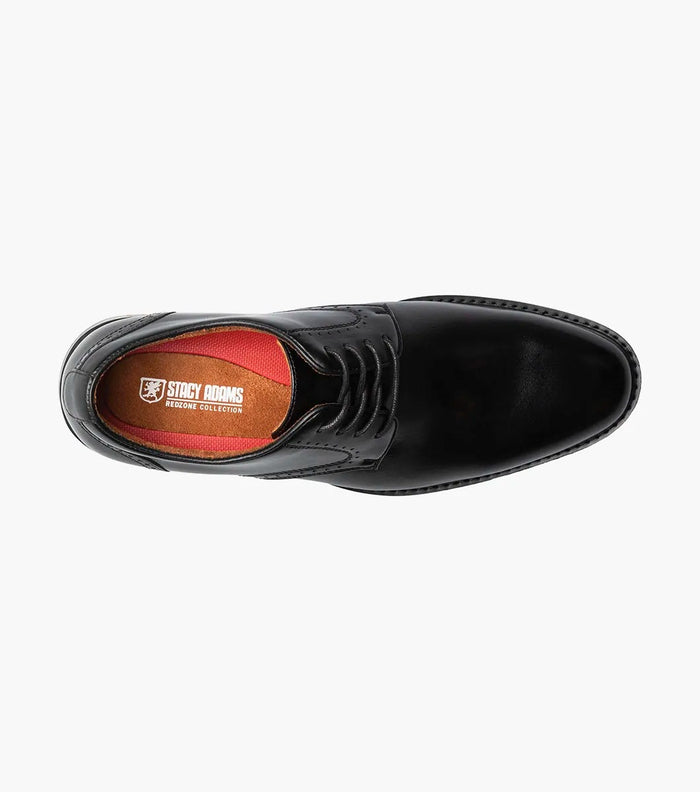 Stacy Adams Benson Plain Toe dress shoe in black leather with lace-up closure and red insole branding, top view.