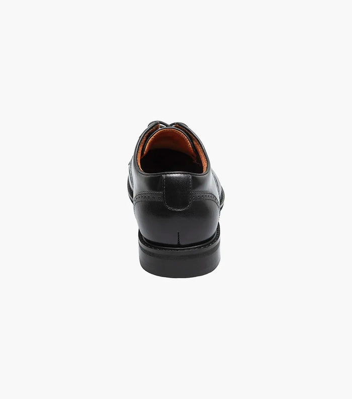 Stacy Adams Benson Plain Toe dress shoes in black leather with stitched heel details, back view.