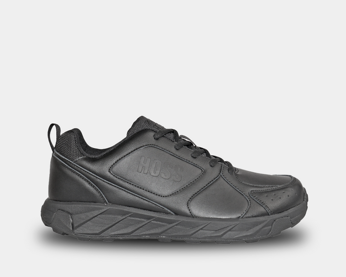 A black safety shoe with lace-up closure.