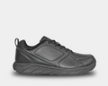 A black safety shoe with lace-up closure.
