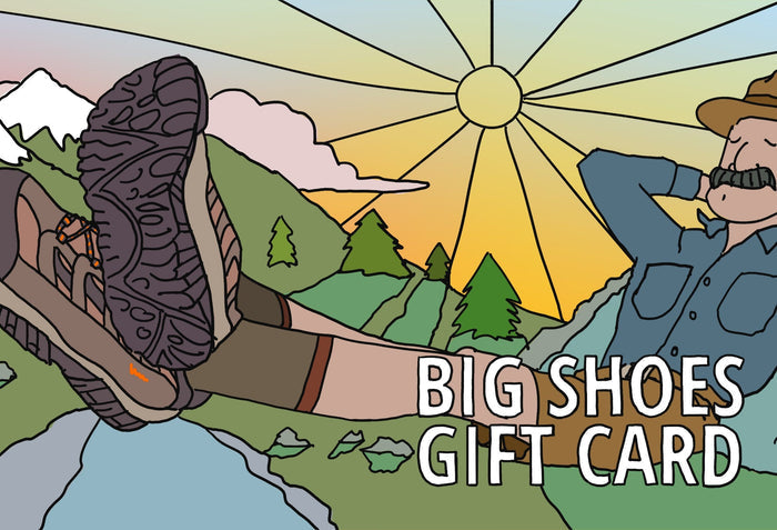 BigShoes Big Shoes Gift Card featuring an illustrated outdoors scene with a person relaxing, showcasing hiking boots and a nature-inspired setting.