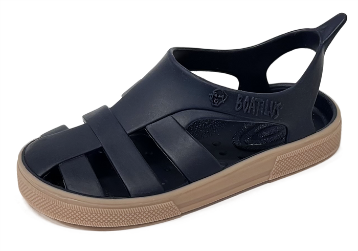 Navy sandal with brown sole on a white background