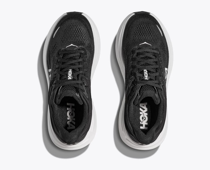 HOKA Bondi 9 running shoes in black with a breathable mesh upper and cushioned white midsoles, top view.