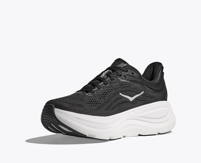 HOKA Bondi 9 running shoes in black with a breathable mesh upper, white midsole, and padded collar, angled front view.