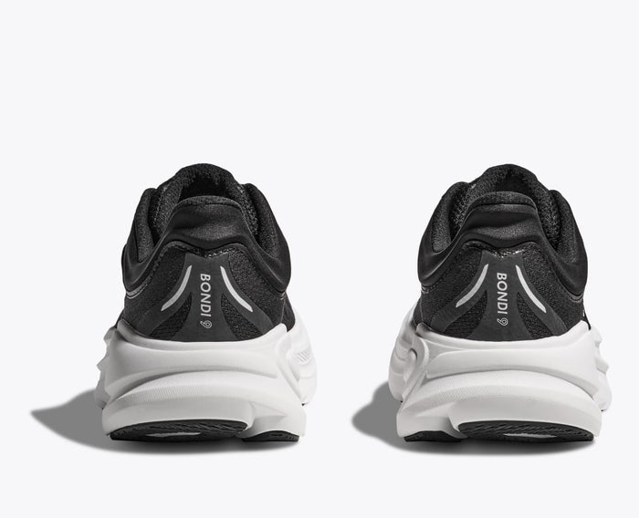 HOKA Bondi 9 running shoes in black with white midsoles and reflective accents, back view showing heel design.