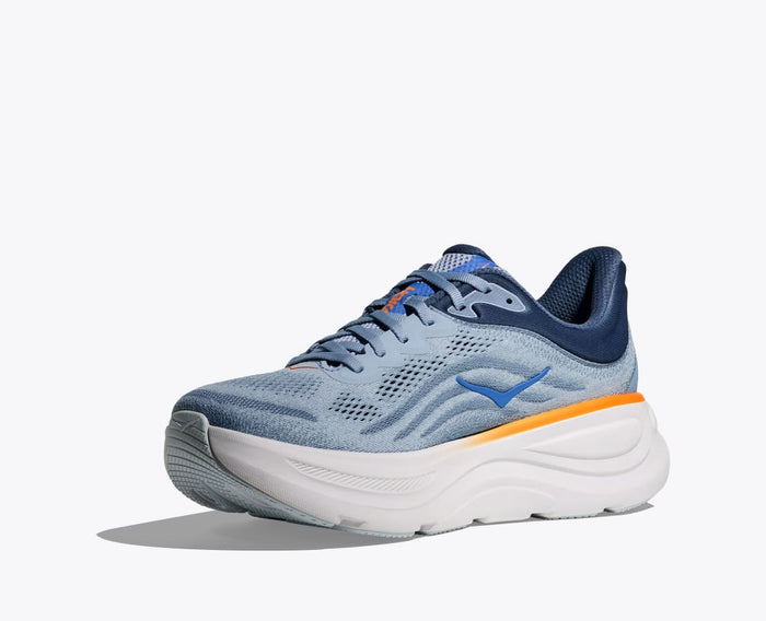 HOKA Bondi 9 running shoes in light blue and navy with orange accents, featuring a breathable mesh upper and cushioned white midsole, front angled view.