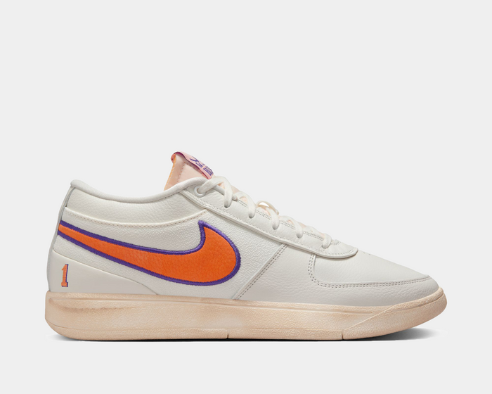 Nike Book 1 Decade shoes in off-white leather with orange and purple Swoosh logo, side view showing rubber sole and minimal design.