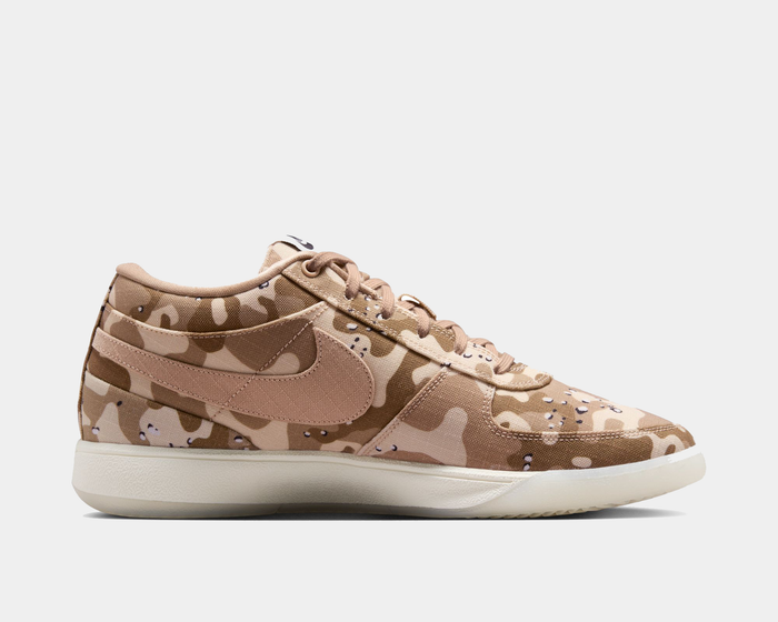 Nike Book 1 SE sneakers featuring a brown camouflage pattern with suede Swoosh logo and white midsole, side view.