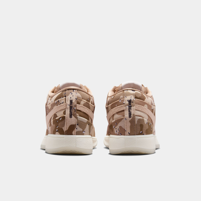 Nike Book 1 SE sneakers in beige and brown camouflage pattern with sturdy sole and back branding, back view.
