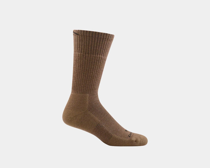 Darn Tough Boot Midweight Tactical Sock with Cushion in brown, ribbed upper and reinforced heel and toe, side view.