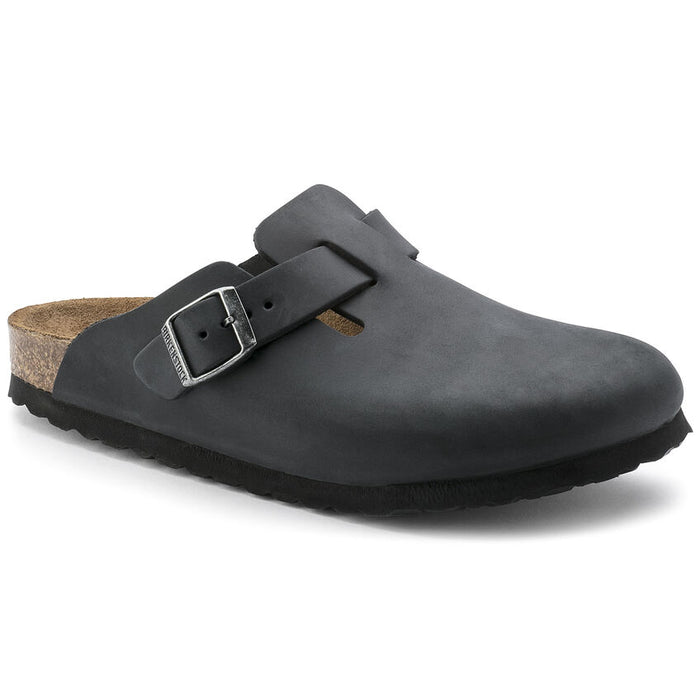 Birkenstock Boston Oiled Leather clogs in black with adjustable buckle, cork footbed, and rounded toe design, front side view.