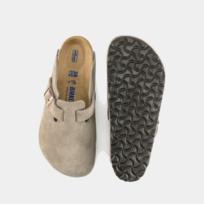Birkenstock Boston Soft Footbed clogs in taupe suede with adjustable strap and cork-latex footbed, top and sole view.