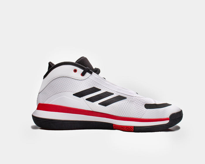 Adidas Bounce Legends basketball shoes in white with black accents, breathable mesh upper, and red midsole, side view.