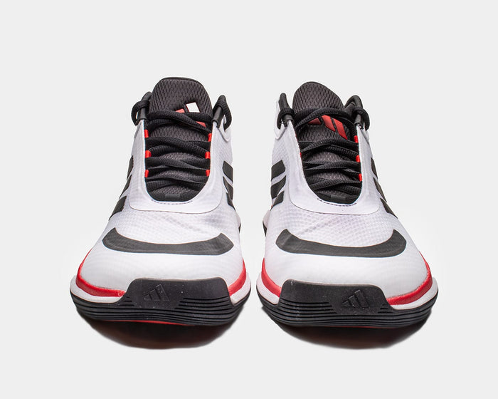 Adidas Bounce Legends athletic shoes in white with black and red accents, mesh upper and front view showing lace-up design.