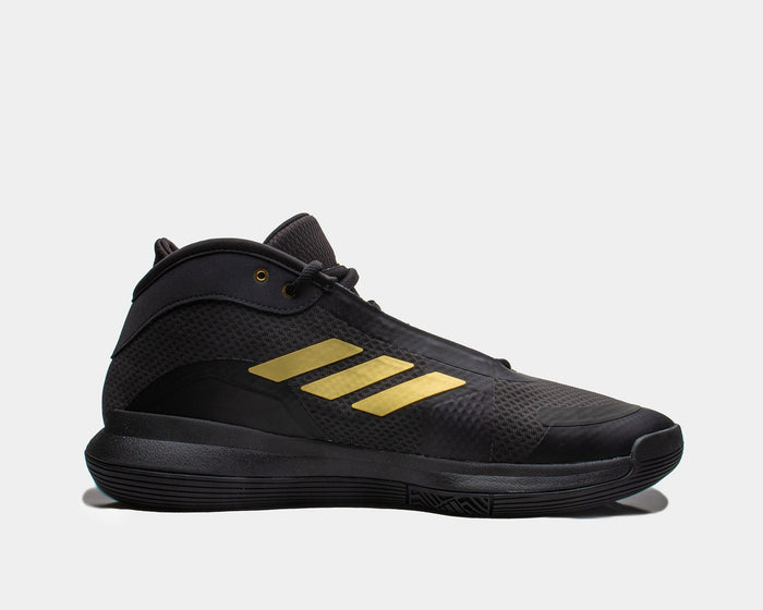 Adidas Bounce Legends basketball shoes in black mesh with gold three-stripe design, side view.