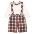Children's outfit with plaid suspenders and shorts on a white background