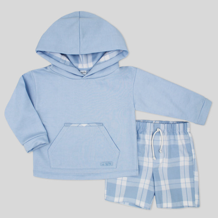 Children's blue hoodie and plaid shorts set on a light gray background