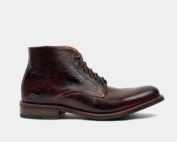 Bed Stu Bradley leather boots in dark brown with a distressed finish, lace-up closure, and stacked wooden heel, side view