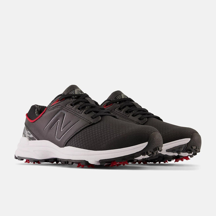 New Balance Golf Brighton Golf shoes in black with red accents, textured upper, spiked outsole, front angle view.