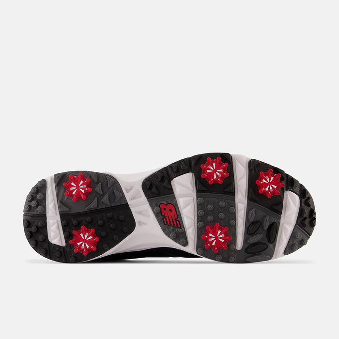 New Balance Golf Brighton Golf shoes outsole in black and white with red cleats and grip-enhancing tread design.