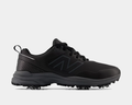 A pair of golf shoes in black color with a waterproof microfiber leather upper and a rubber outsole visible through the laces.