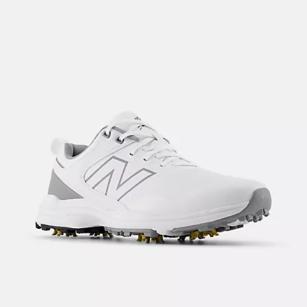 A pair of golf shoes in white color with a waterproof microfiber leather upper and a rubber outsole visible through the laces.