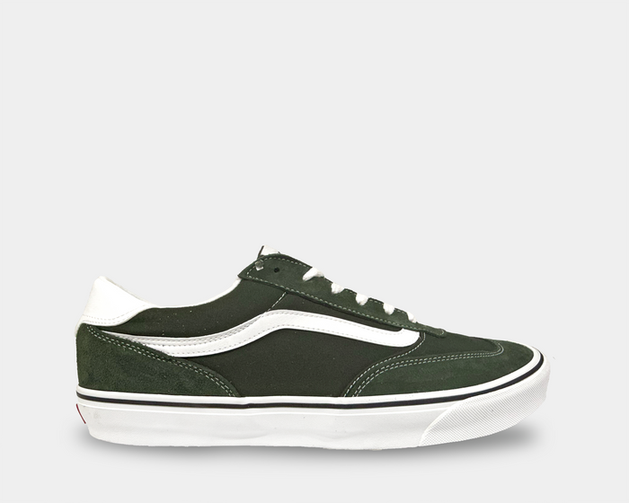 Vans Brooklyn shoes in dark green suede with white side stripe, white sole, and lace closure, side view.