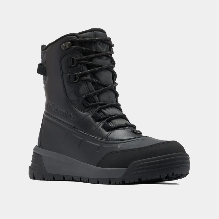 Columbia Bugaboot™ Celsius winter boots in black with waterproof leather upper, rugged rubber outsole, and durable lace system, angled front view.