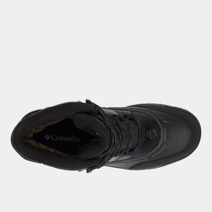 Columbia Bugaboot™ Celsius winter boots top view in black with reinforced toe box, padded collar, and lace-up design.