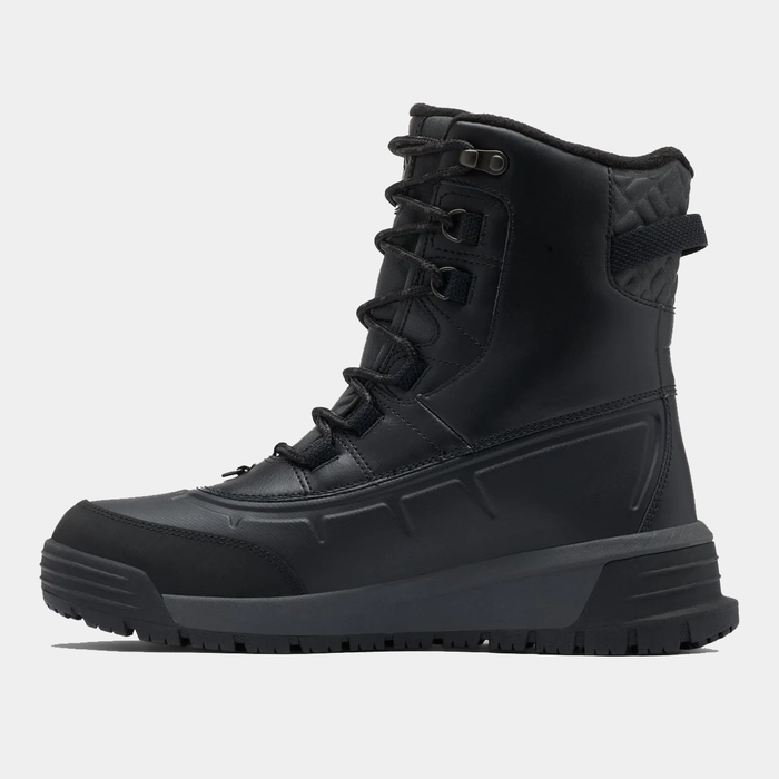 Columbia Bugaboot™ Celsius winter boots, black leather and textile upper with lace-up design and rugged rubber outsole, side view.