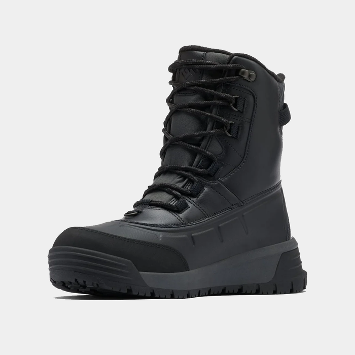 Columbia Bugaboot™ Celsius winter boots in black with waterproof leather upper, insulated lining, and rugged outsole, front angle view.
