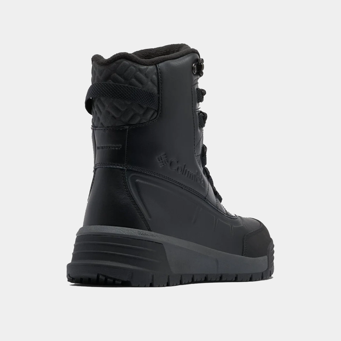 Columbia Bugaboot™ Celsius winter boots in black with quilted collar, waterproof leather upper, and durable rubber sole, back view.