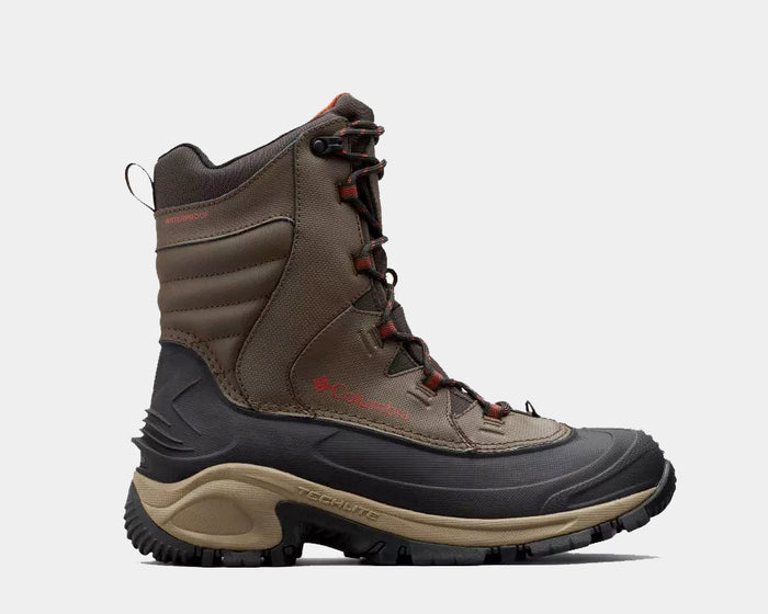Columbia Bugaboot III winter boots in brown and black with waterproof upper and rugged outsole, side view.