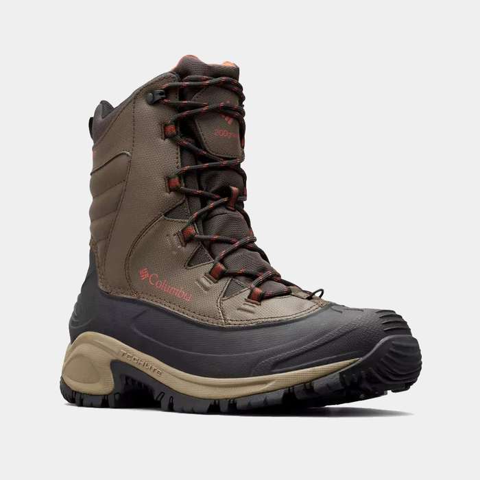 Columbia Bugaboot III winter boots in dark brown and black with waterproof construction and durable laces, side view.