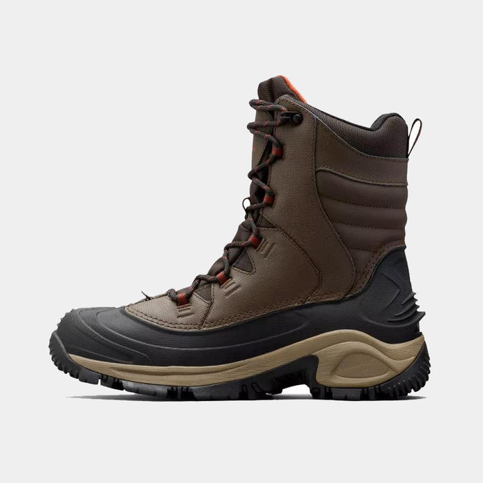 Columbia Bugaboot III winter boots in brown with a waterproof leather upper, black rubber toe and heel, and sturdy outsole, side view.