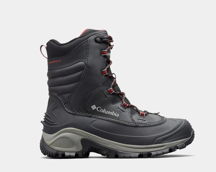 Columbia Bugaboot III winter boots in gray with waterproof construction, red lace accents, and rugged Techlite sole, side view.