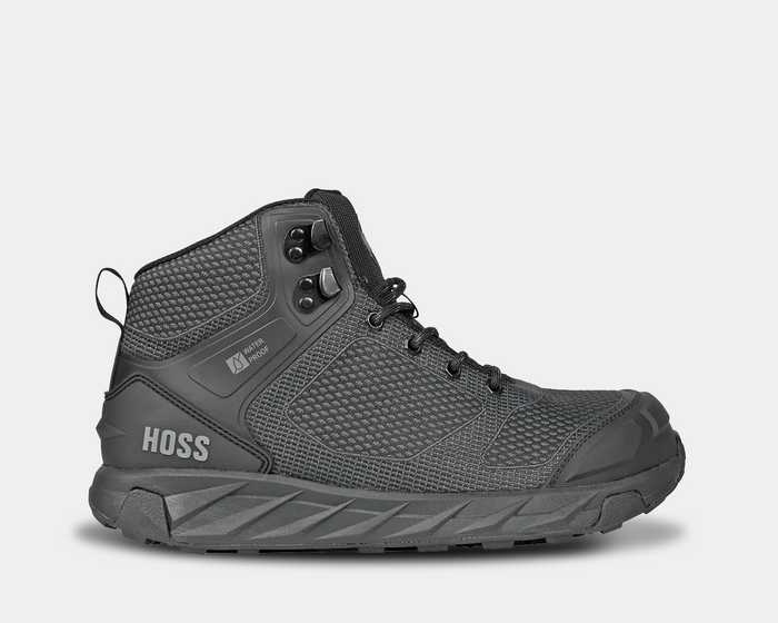 Hoss Buster Hi Comp Toe Boot in black with waterproof mesh upper, composite safety toe, and padded ankle collar, side view.