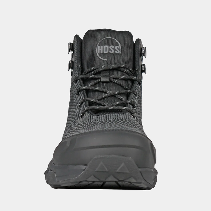 Hoss Buster Hi Comp Toe Boot in black with a textured mesh upper, composite toe, and rugged outsole, front view.