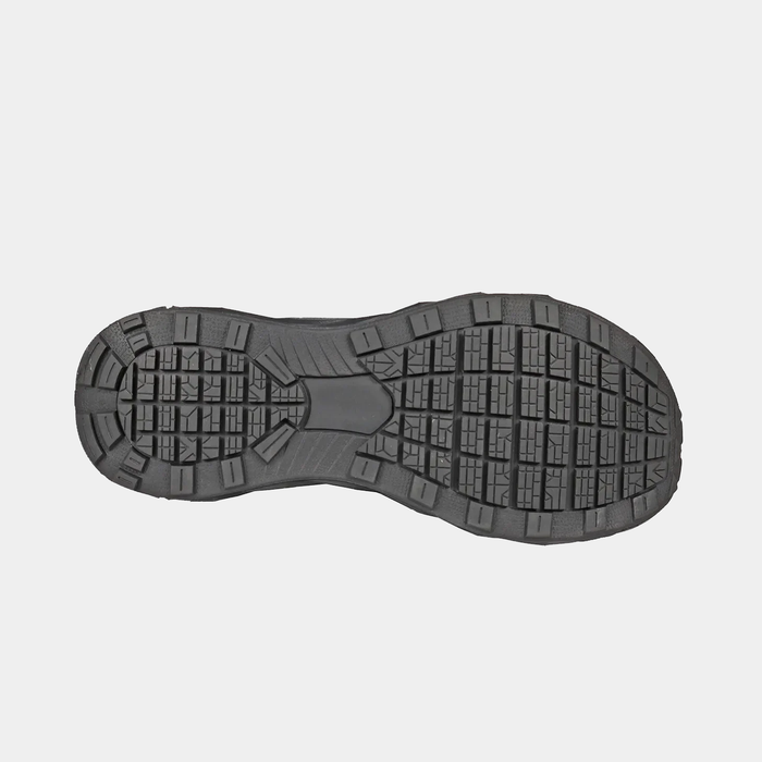 Hoss Buster Hi Comp Toe Boot outsole in black featuring durable tread design for traction and slip resistance, bottom view.