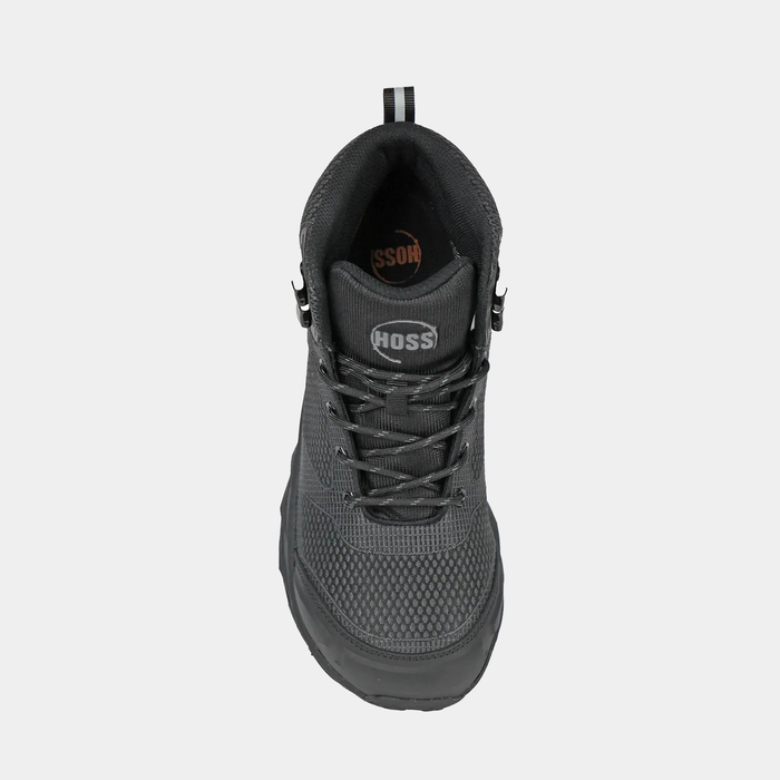 Hoss Buster Hi Comp Toe Boot in dark gray with durable mesh upper and padded collar, top view showing lace-up design.